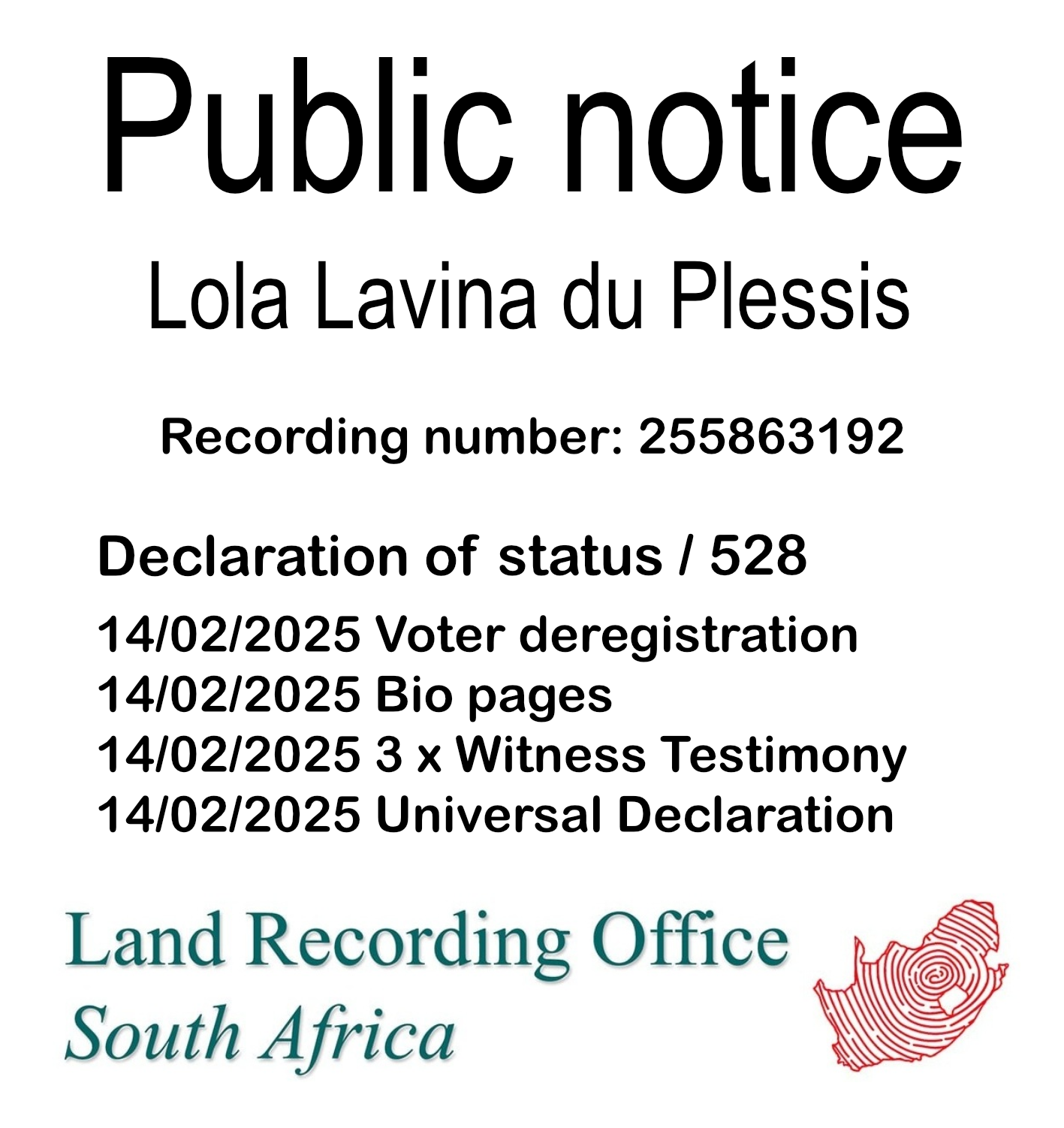 Public notice Lola Lavina du Plessis Recording number 255863192